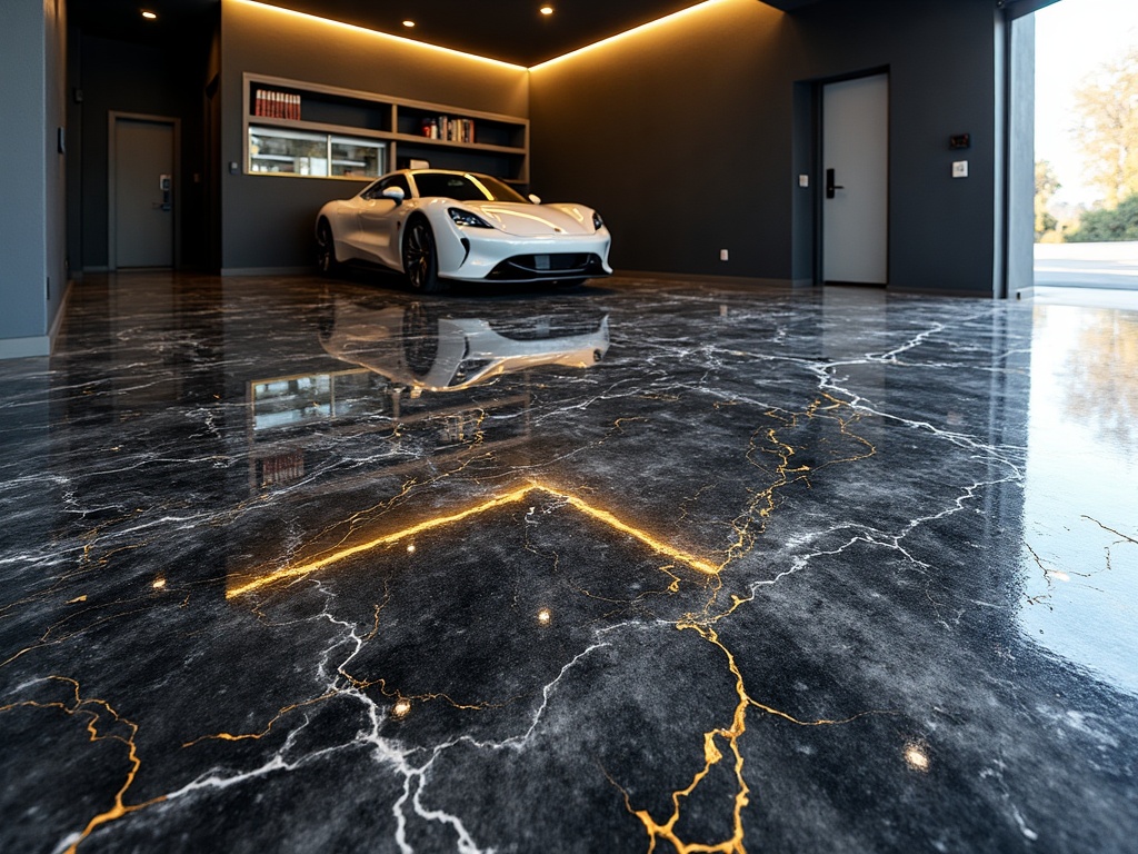 Black and gold metallic epoxy garage floor after coating