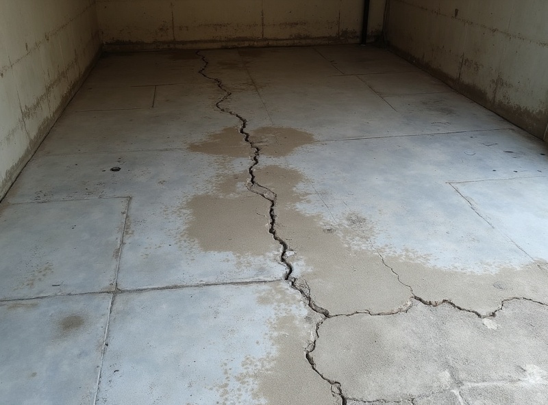Cracked stained concrete garage floor before epoxy