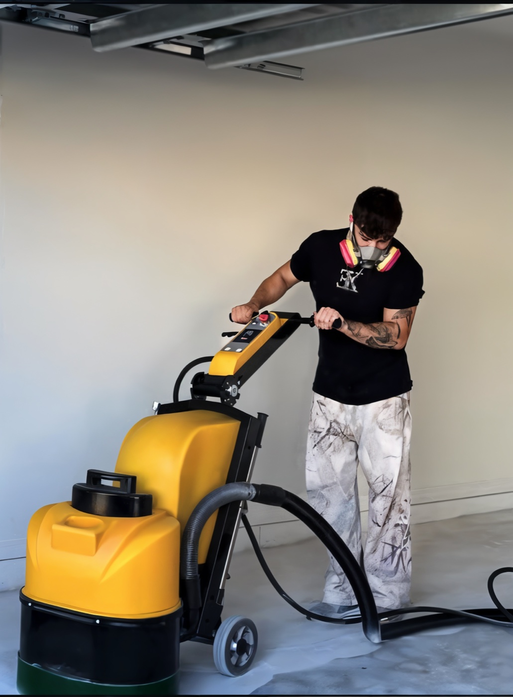 EK Epoxy worker diamond-grinding a concrete floor during surface preparation in Southwest Florida